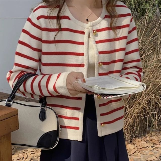 ISSOL-Round Neck Striped Button Up Cardigan