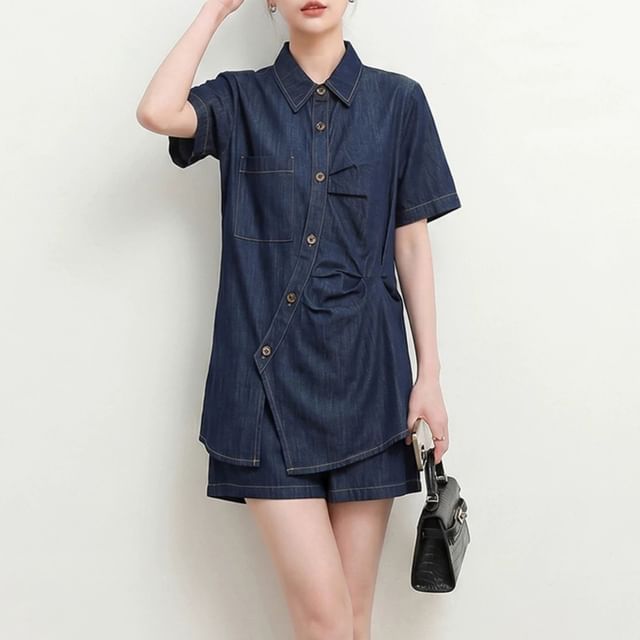 ISSOL-Set Short-Sleeve Collared Asymmetrical Contrast Stitched Ruched Button-Up Blouse High Waist Wide Leg Shorts