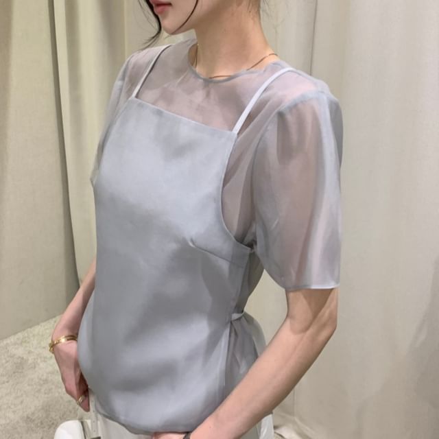 ISSOL-Set Short-Sleeve Round Neck Plain Sheer Top Spaghetti Strap Square Neck Plain Cami Top