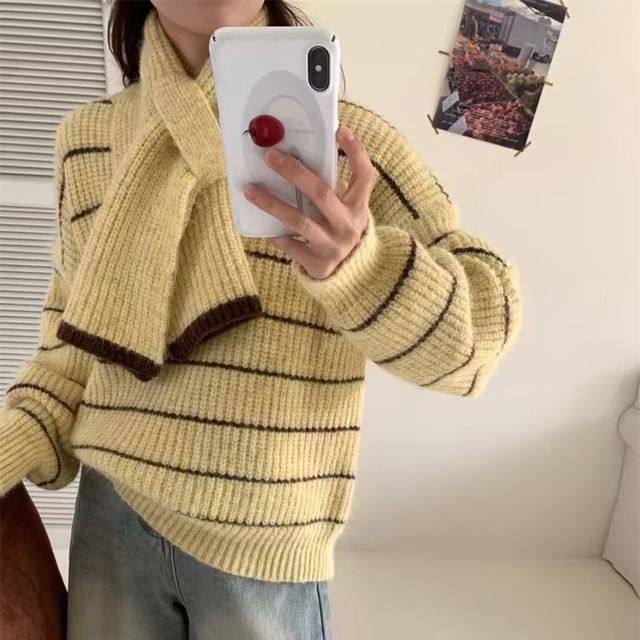 ISSOL-Set V-Neck Drop Shoulder Striped Sweater Scarf