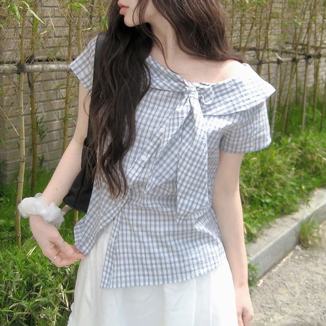 ISSOL-Short Sleeve Collared Plaid Asymmetrical Blouse