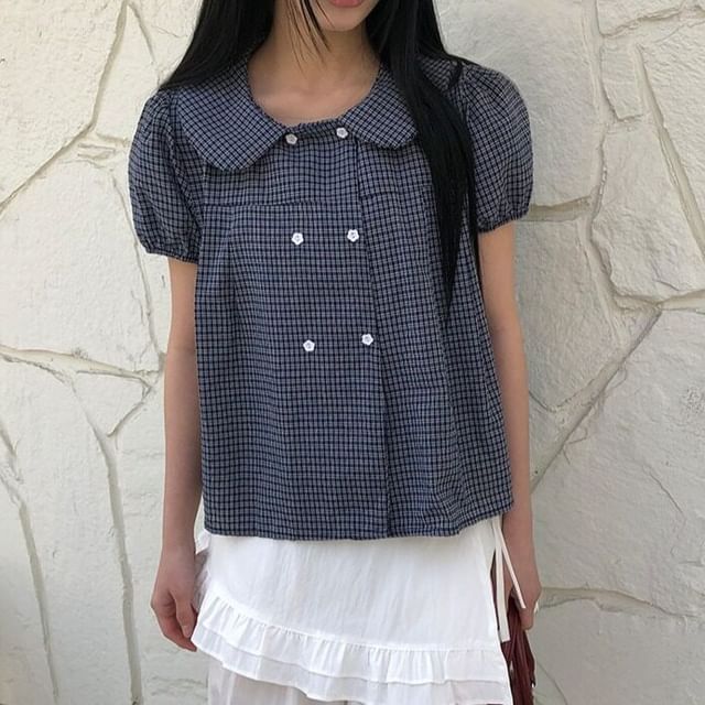 ISSOL-Short Sleeve Collared Plaid Double Breasted Blouse