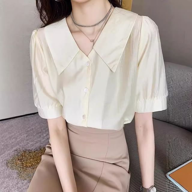 ISSOL-Short Sleeve Collared Plain Blouse
