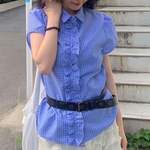 ISSOL-Short Sleeve Collared Ruffle Blouse