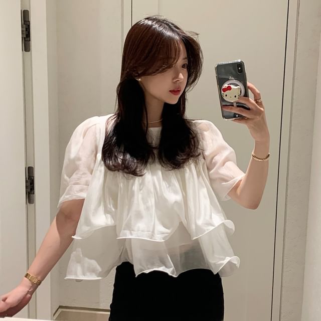 ISSOL-Short-Sleeve Round Neck Plain Ruffle Trim Blouse