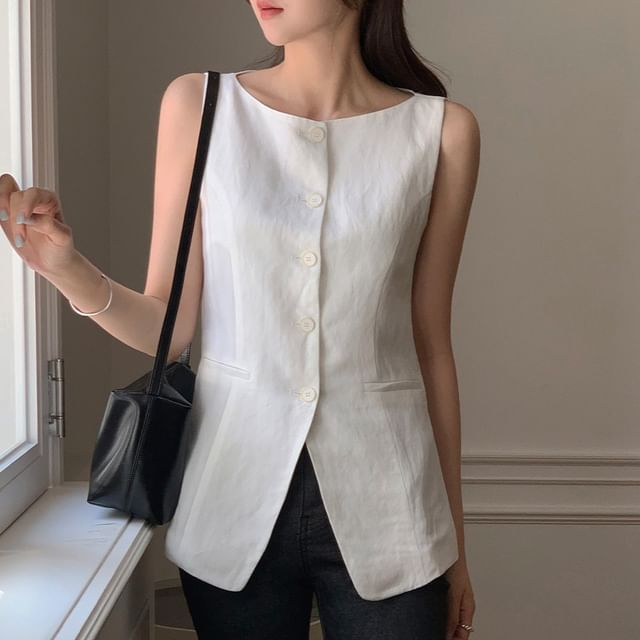 ISSOL-Sleeveless Round Neck Plain Button Up Top