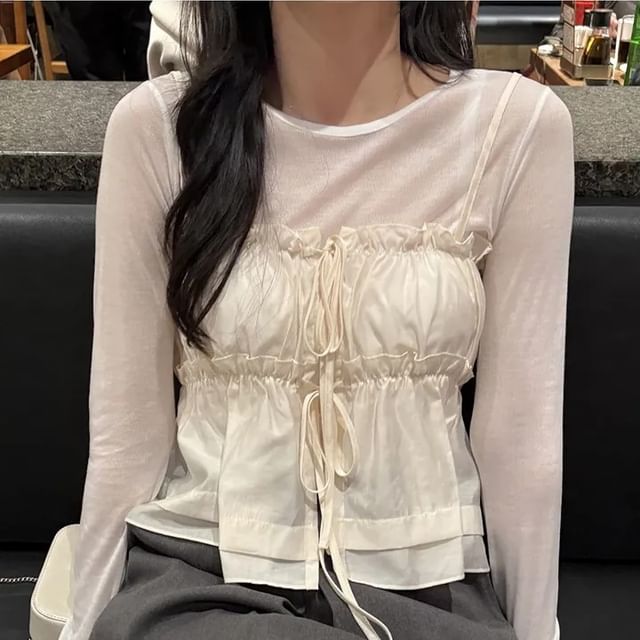 ISSOL-Spaghetti Strap Plain Ruffle Trim Cami Top