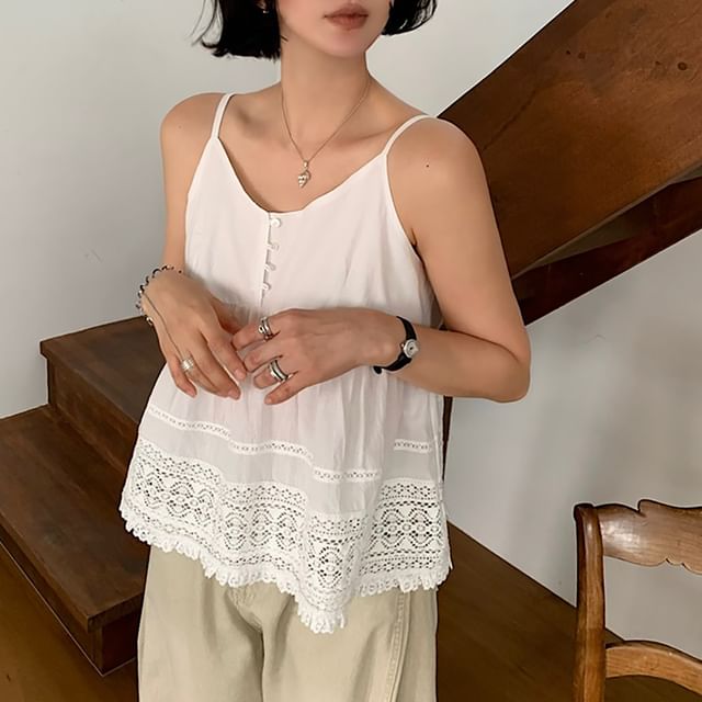 ISSOL-Spaghetti Strap V-Neck Plain Lace Camisole Top
