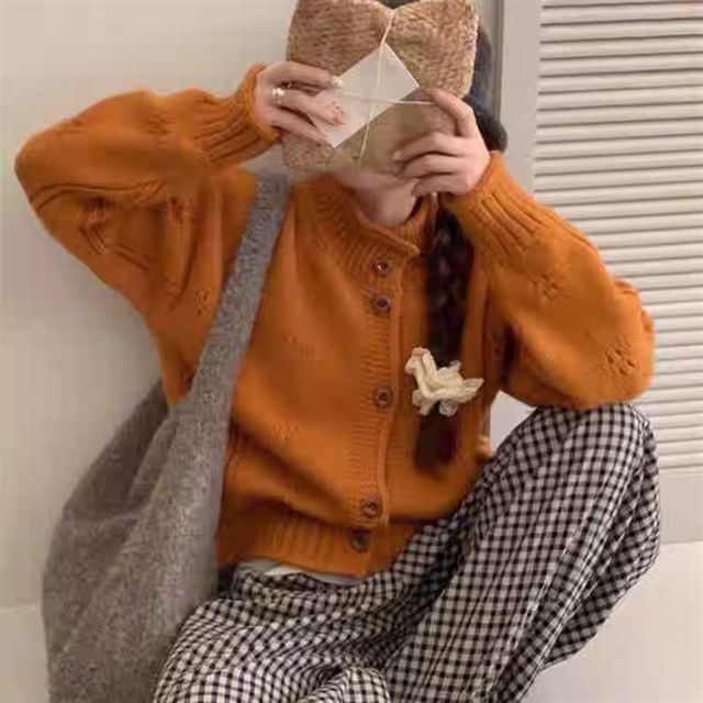 ISSOL-Stand Collar Button-Up Plain Perforated Cardigan