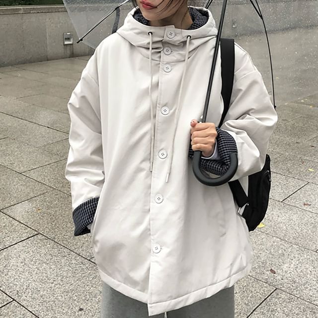 ISSOL-Stand Collar Plaid Panel Hood Button Puffer Jacket