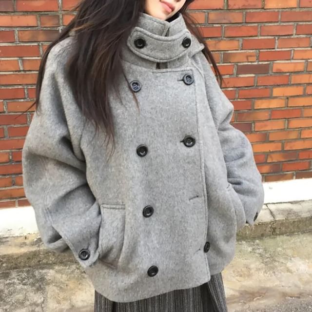 ISSOL-Stand Collar Plain Double Breasted Jacket