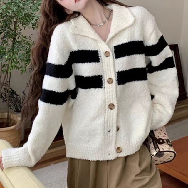 ISSOL-Stand Collar Striped Cardigan