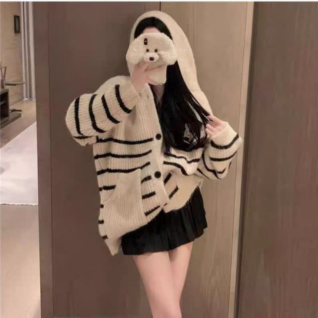 ISSOL-Striped Hooded Ribbed Cardigan