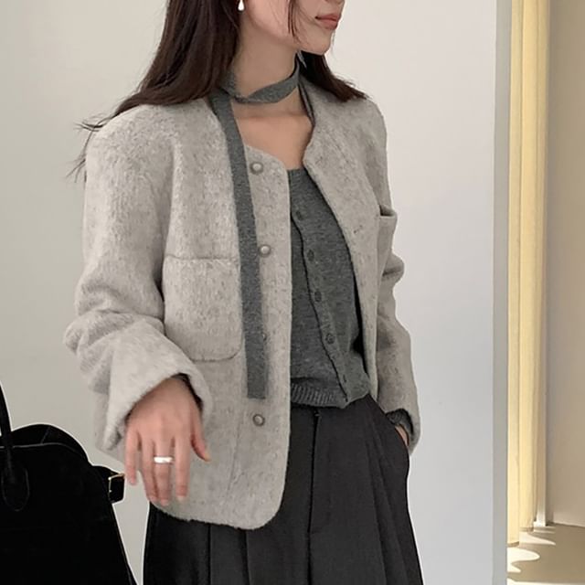 ISSOL-V-Neck Button-Up Plain Jacket