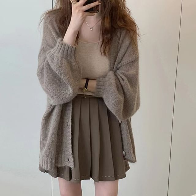 ISSOL-V-Neck Button-Up Plain Oversized Cardigan