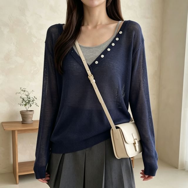 ISSOL-V-Neck Buttoned Trin Plain Sheer Knit Top