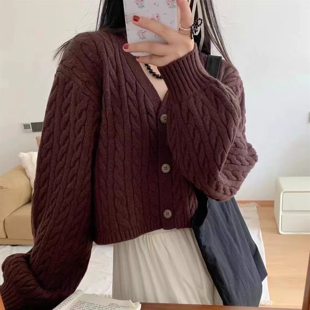 ISSOL-V-Neck Plain Cable Knit Cropped Cardigan
