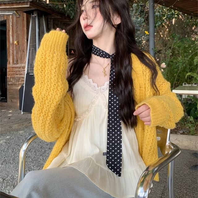 ISSOL-V-Neck Plain Pointelle Cardigan
