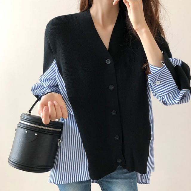 ISSOL-V-Neck Striped Panel Button Up Cardigan