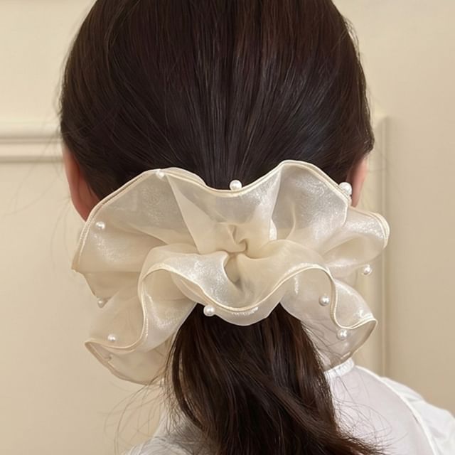 Jael-Faux Pearl Ruffle Mesh Scrunchie