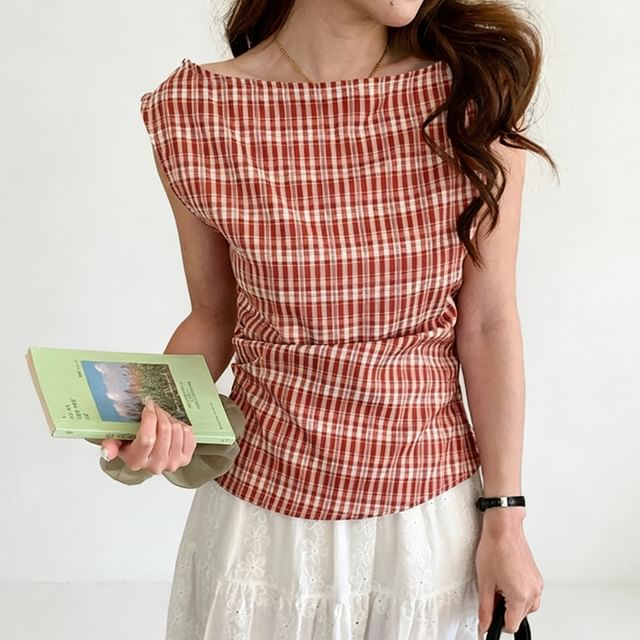 Janerium-Cap-Sleeve Boatneck Plaid Blouse