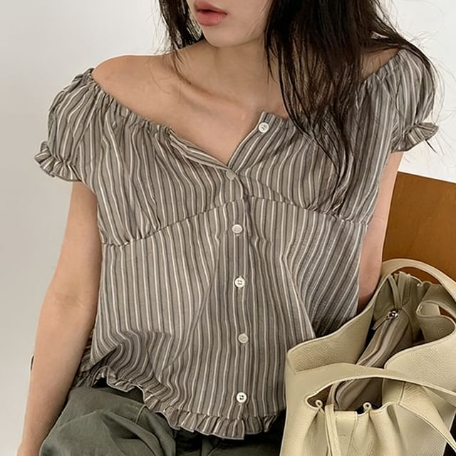 Janerium-Cap Sleeve Round Neck Striped Frill Blouse