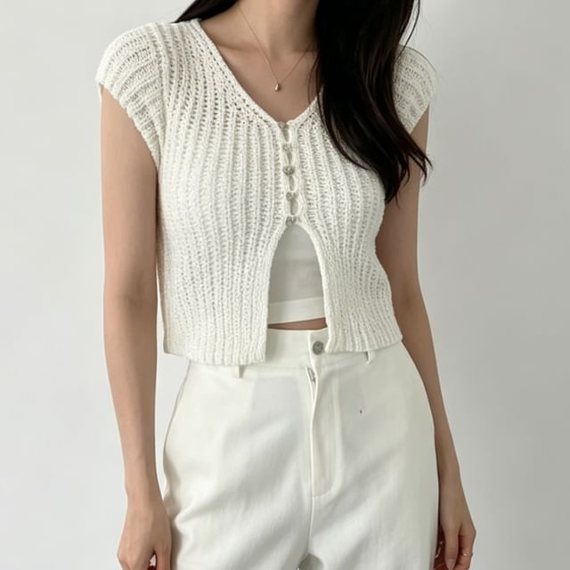Janerium-Cap-Sleeve V-Neck Button-Up Plain Slit Crop Cardigan
