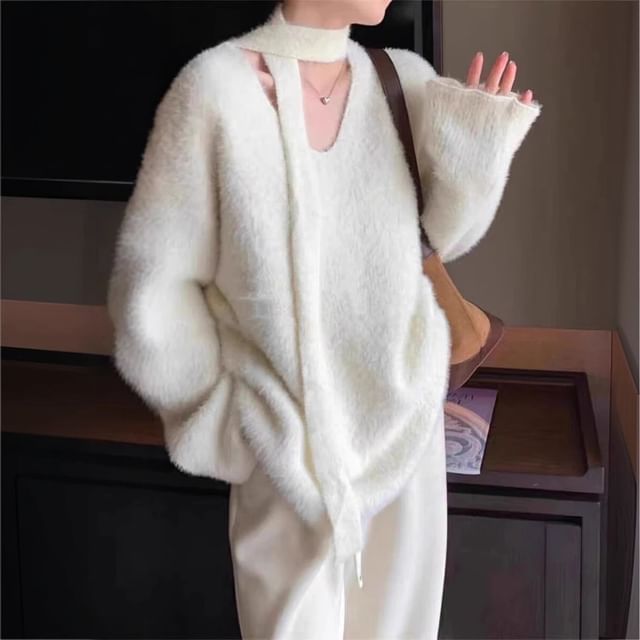 Janerium-Cold Shoulder Plain Fluffy Oversized Sweater