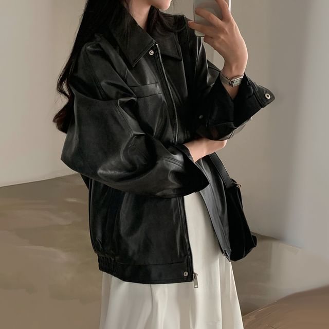Janerium-Collared Plain Faux Leather Zip Jacket
