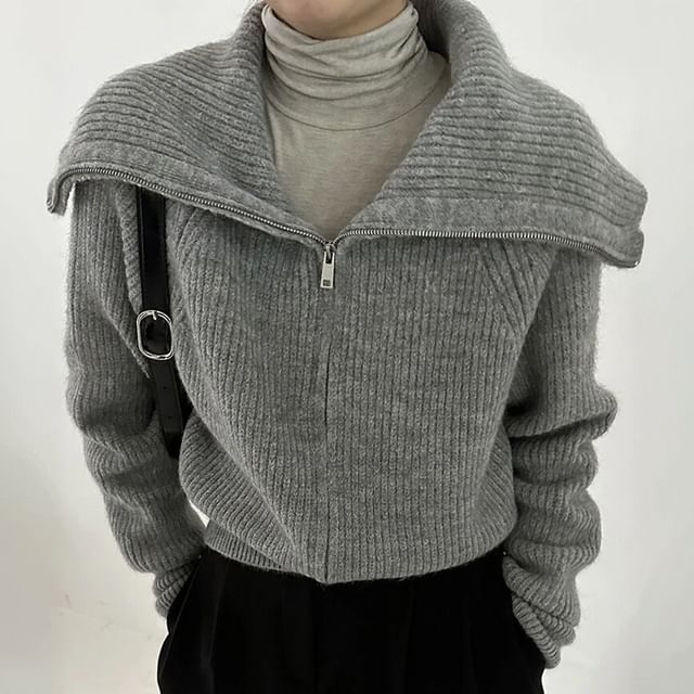 Janerium-Collared Plain Ribbed Zip Jacket