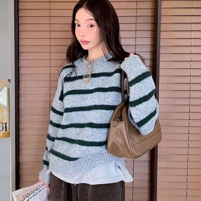 Janerium-Crew Neck Drop Shoulder Striped Sweater