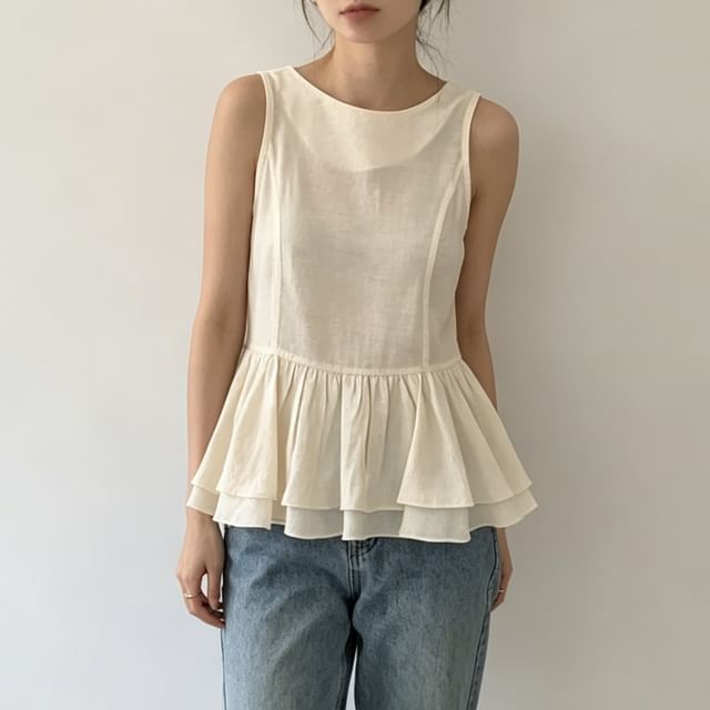 Janerium-Crew Neck Plain Layered Peplum Tank Top