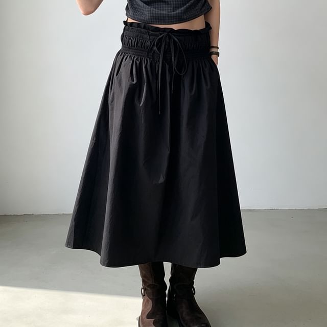 Janerium-Drawstring Waist Plain Ruched Midi A-Line Skirt