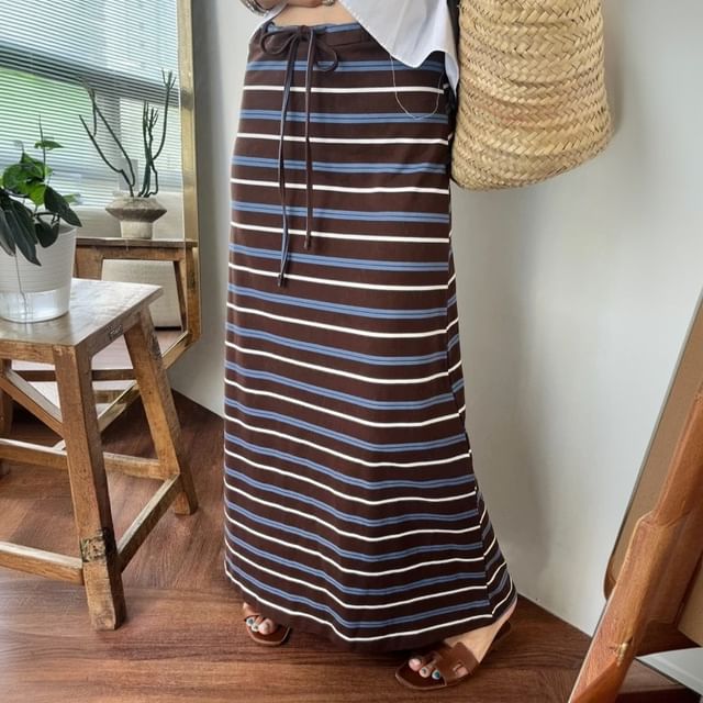 Janerium-Drawstring Waist Striped Maxi A-Line Skirt