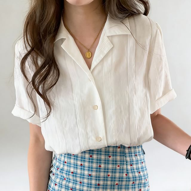 Janerium-Elbow-Sleeve Cuban Collar Striped Button-Up Blouse