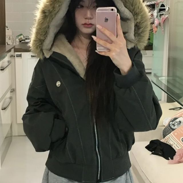 Janerium-Faux Fur Hooded Zip-Up Padded Jacket