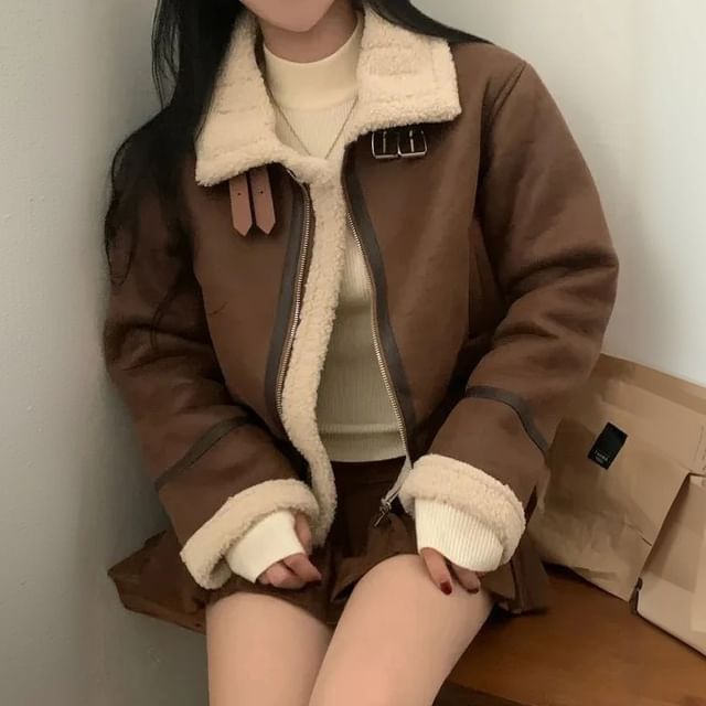 Janerium-Faux Leather Collared Zip-Up Jacket