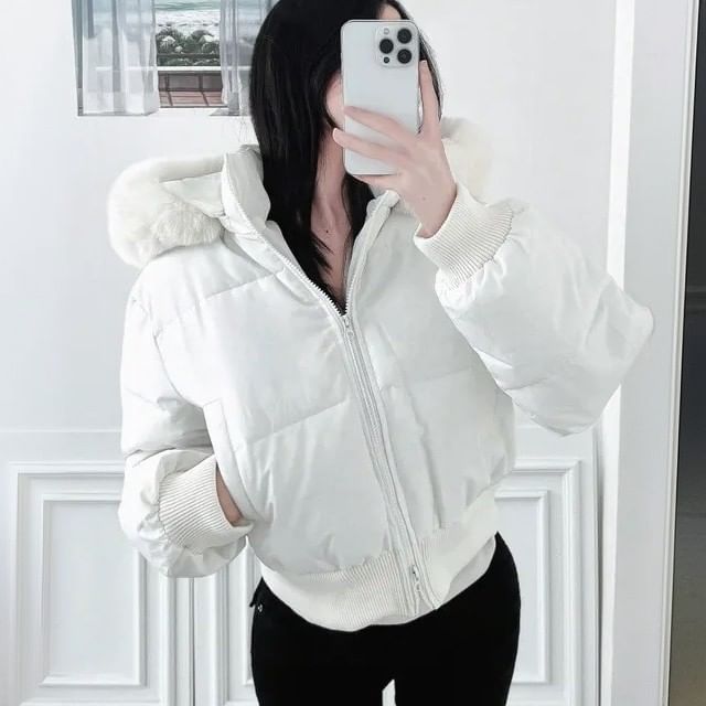 Janerium-Fluffy Trim Hooded Padded Zip Jacket