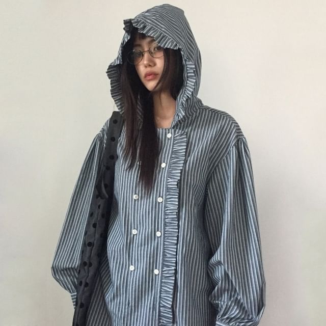 Janerium-Hooded Striped Shirt Jacket