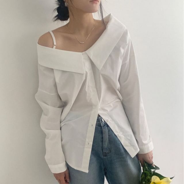 Janerium-Long-Sleeve Cold-Shoulder Plain Shirt