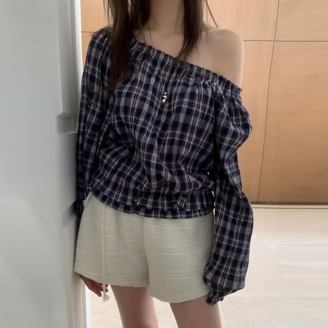 Janerium-Long-Sleeve Off Shoulder Plaid Blouse
