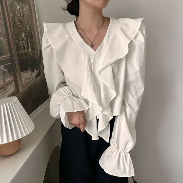 Janerium-Long-Sleeve V-Neck Plain Ruffle Trim Blouse