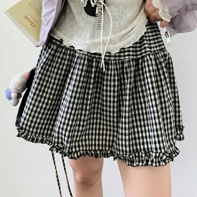 Janerium-Low Waist Gingham Check Mini Skirt