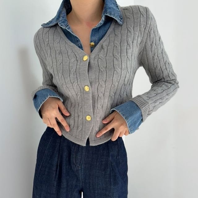 Janerium-Mock Two-Piece Denim Collar Cardigan