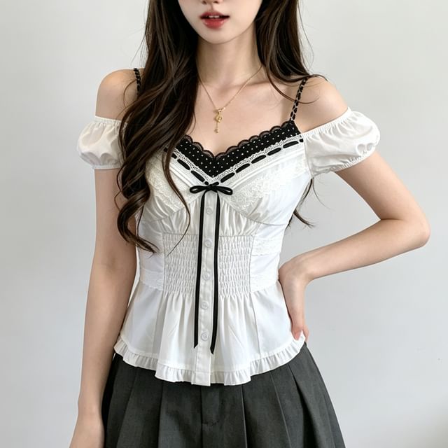Janerium-Mock Two-Piece Puff-Sleeve Cold Shoulder Micro Dot Panel Lace Trim Crop Blouse