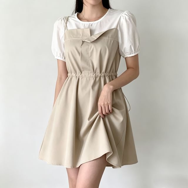 Janerium-Mock Two-Piece Short-Sleeve Crew Neck Two Tone Drawstring Waist Mini A-Line Dress