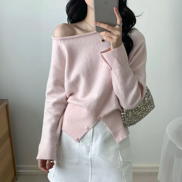 Janerium-One-Shoulder Plain Sweater
