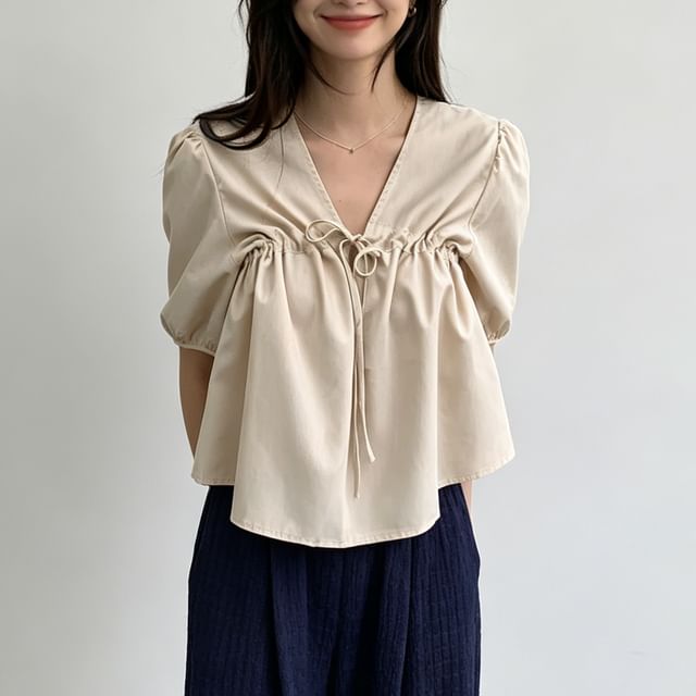 Janerium-Puff Short Sleeve V-Neck Plain Drawstring Blouse