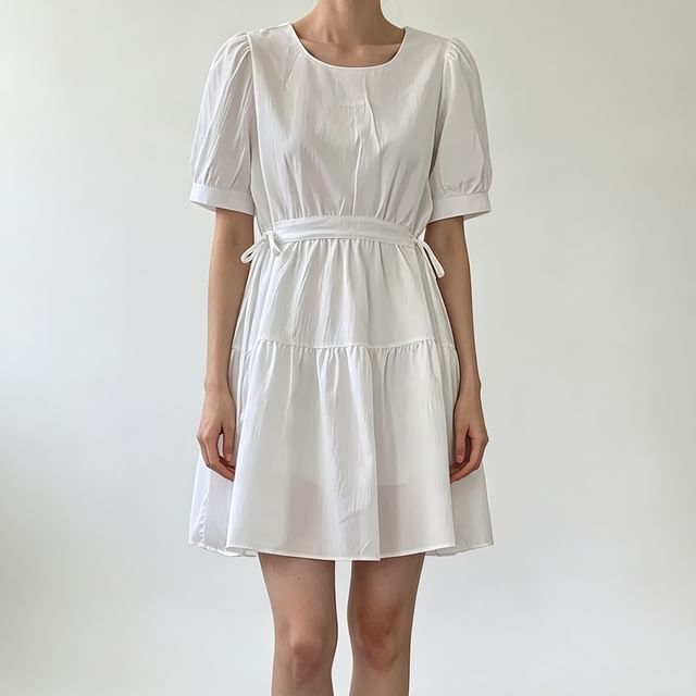 Janerium-Puff-Sleeve Crew Neck Plain Drawstring Waist Mini A-Line Dress