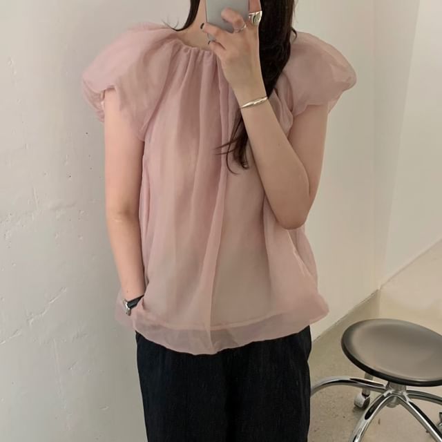 Janerium-Puff-Sleeve Round Neck Plain Ruched Blouse